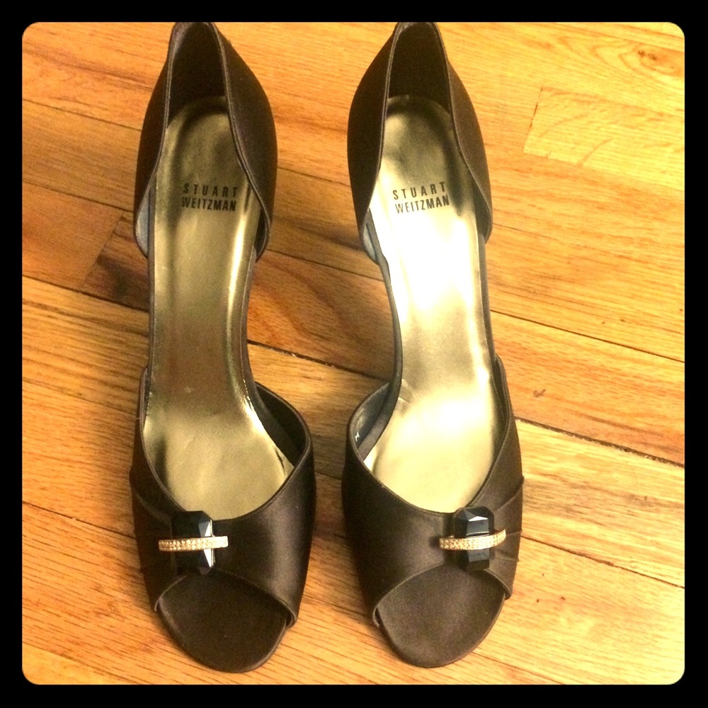 Stuart Weitzman Black Satin D'Orsay Peep-Toe Heels with Gold Accent